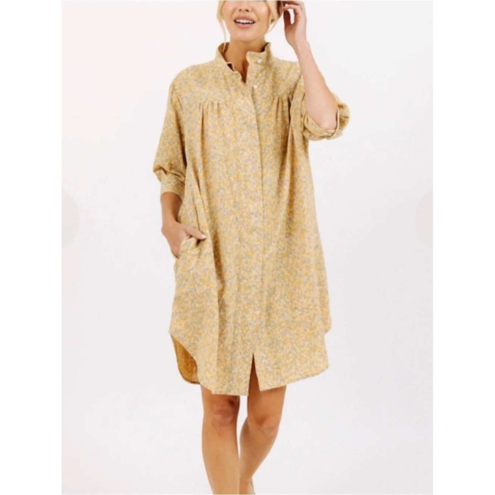 Mirth Handmade Collection Yellow Floral Button Front Tunic Shirt Dress Womens S